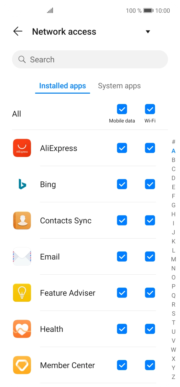 Press the field next to the application name in the 'Mobile data' column to turn the function on or off. Press the field next to the application name in the 'Mobile data' column to turn the function on or off.