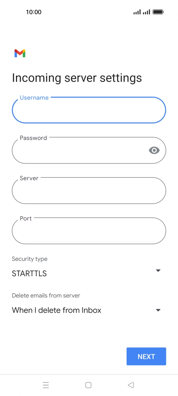 Press the field below 'Server' and key in the name of your email provider's incoming server. Press the field below 'Server' and key in the name of your email provider's incoming server.