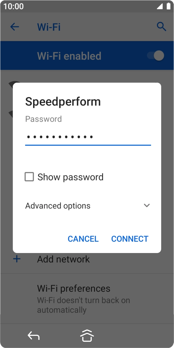 Key in the password for the WiFi network and press CONNECT.