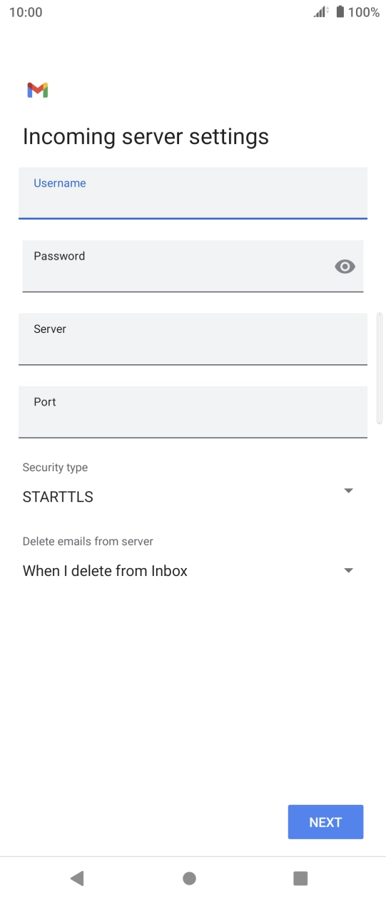 Press the field below 'Server' and key in the name of your email provider's incoming server. Press the field below 'Server' and key in the name of your email provider's incoming server.