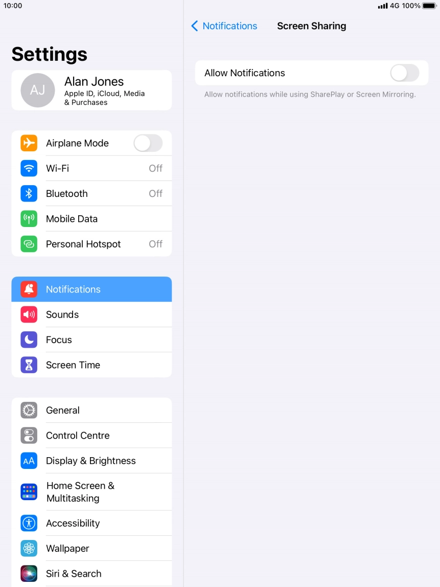 Press the indicator next to 'Allow Notifications' to turn the function on or off. Press the indicator next to 'Allow Notifications' to turn the function on or off.