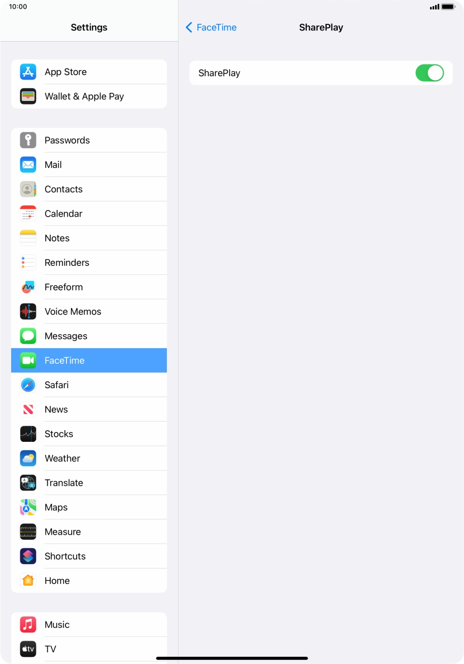 Press the indicator next to 'SharePlay' to turn the function on or off. Press the indicator next to 'SharePlay' to turn the function on or off.