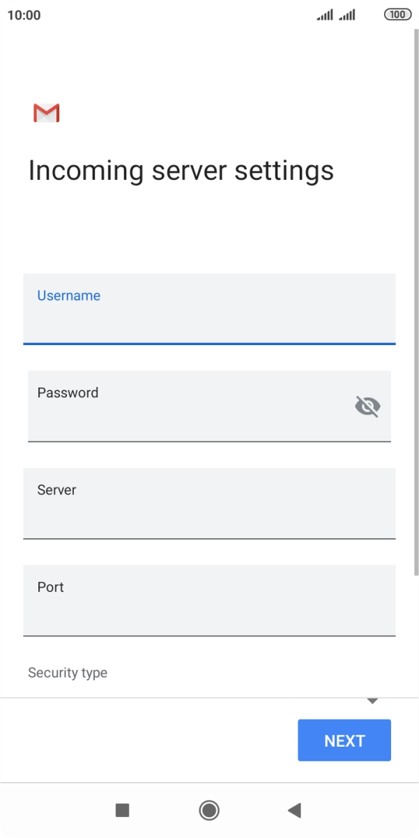 Press the field below 'Server' and key in the name of your email provider's incoming server. Press the field below 'Server' and key in the name of your email provider's incoming server.