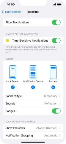 Press the indicator next to 'Allow Notifications' to turn notifications for the selected application on or off.