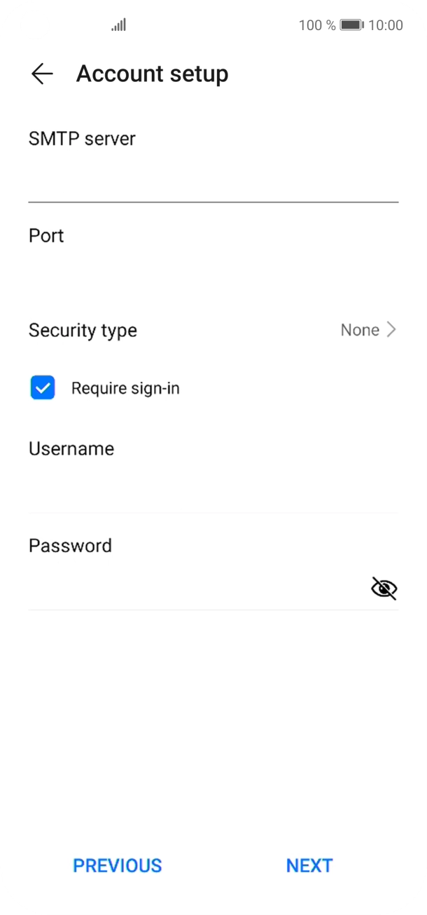 Press the field below 'SMTP server' and key in the name of your email provider's outgoing server. Press the field below 'SMTP server' and key in the name of your email provider's outgoing server.