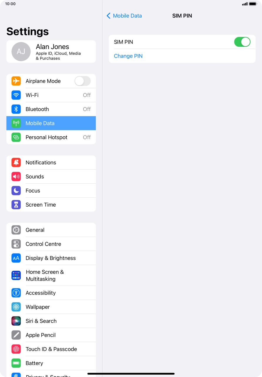 Press the indicator next to 'SIM PIN' to turn the function on or off.