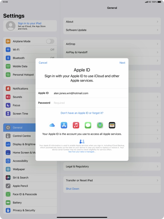 Press the field next to 'Password' and key in the password for your Apple ID. Press the field next to 'Password' and key in the password for your Apple ID.