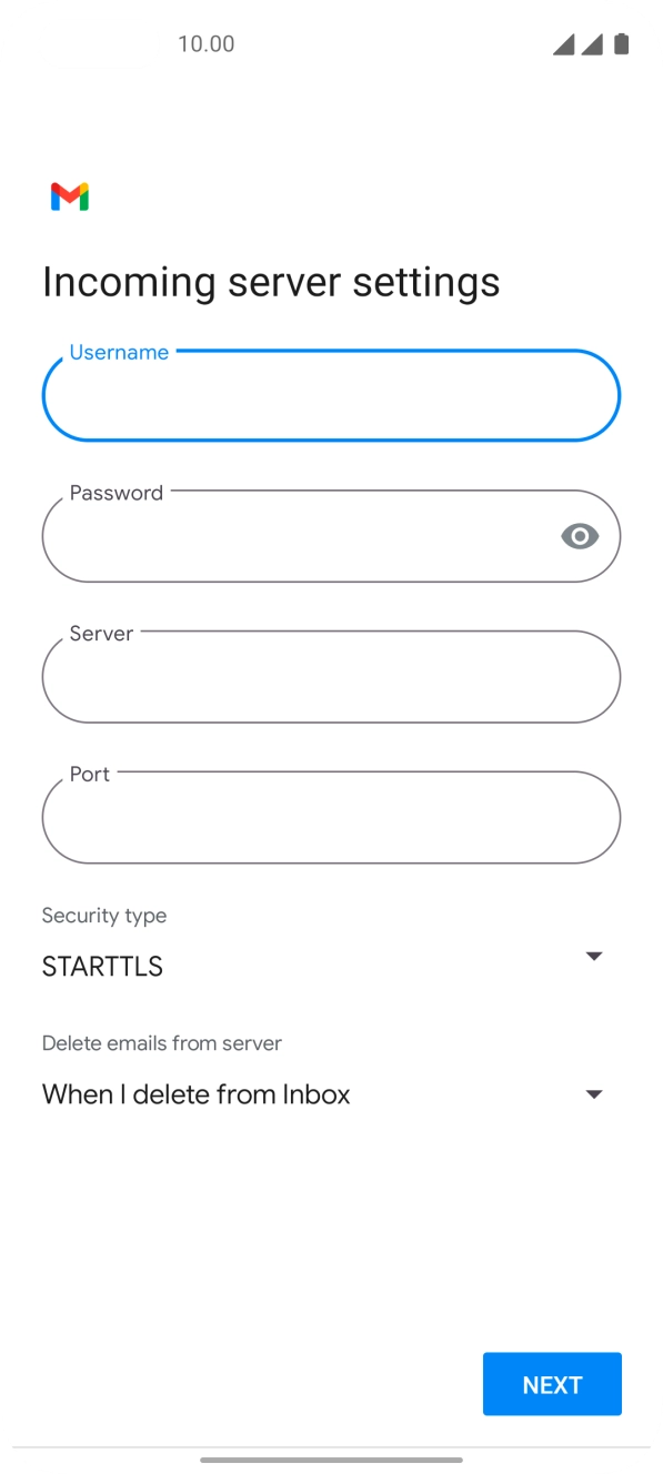 Press the field below 'Server' and key in the name of your email provider's incoming server. Press the field below 'Server' and key in the name of your email provider's incoming server.