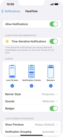 Press the indicator next to 'Allow Notifications' to turn notifications for the selected application on or off.