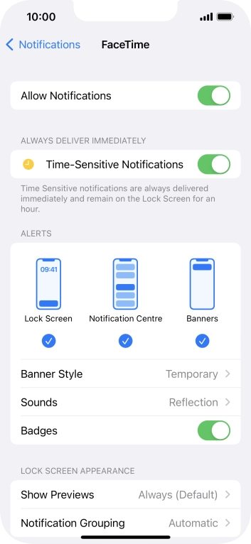 Press the indicator next to 'Allow Notifications' to turn notifications for the selected application on or off.