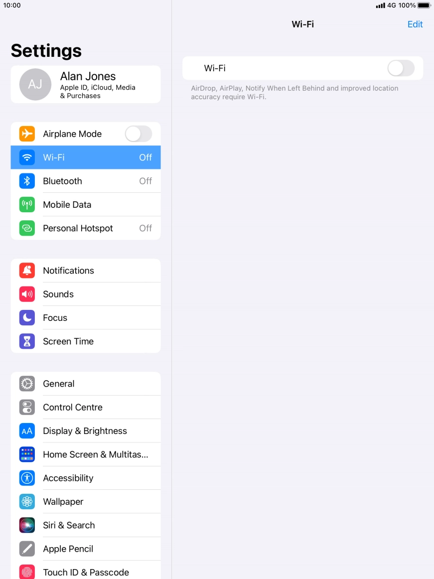 Press the indicator next to 'Wi-Fi' to turn on the function.