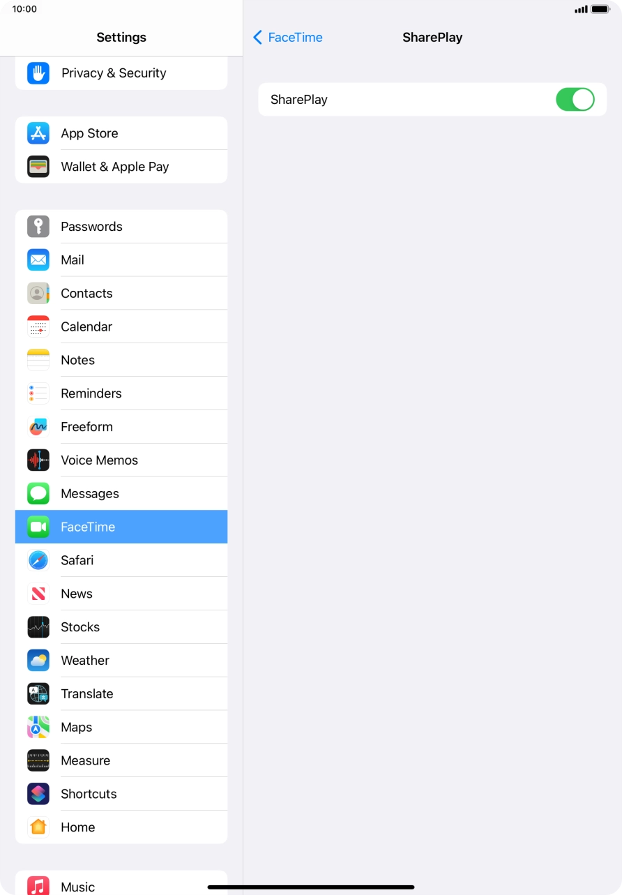 Press the indicator next to 'SharePlay' to turn the function on or off. Press the indicator next to 'SharePlay' to turn the function on or off.
