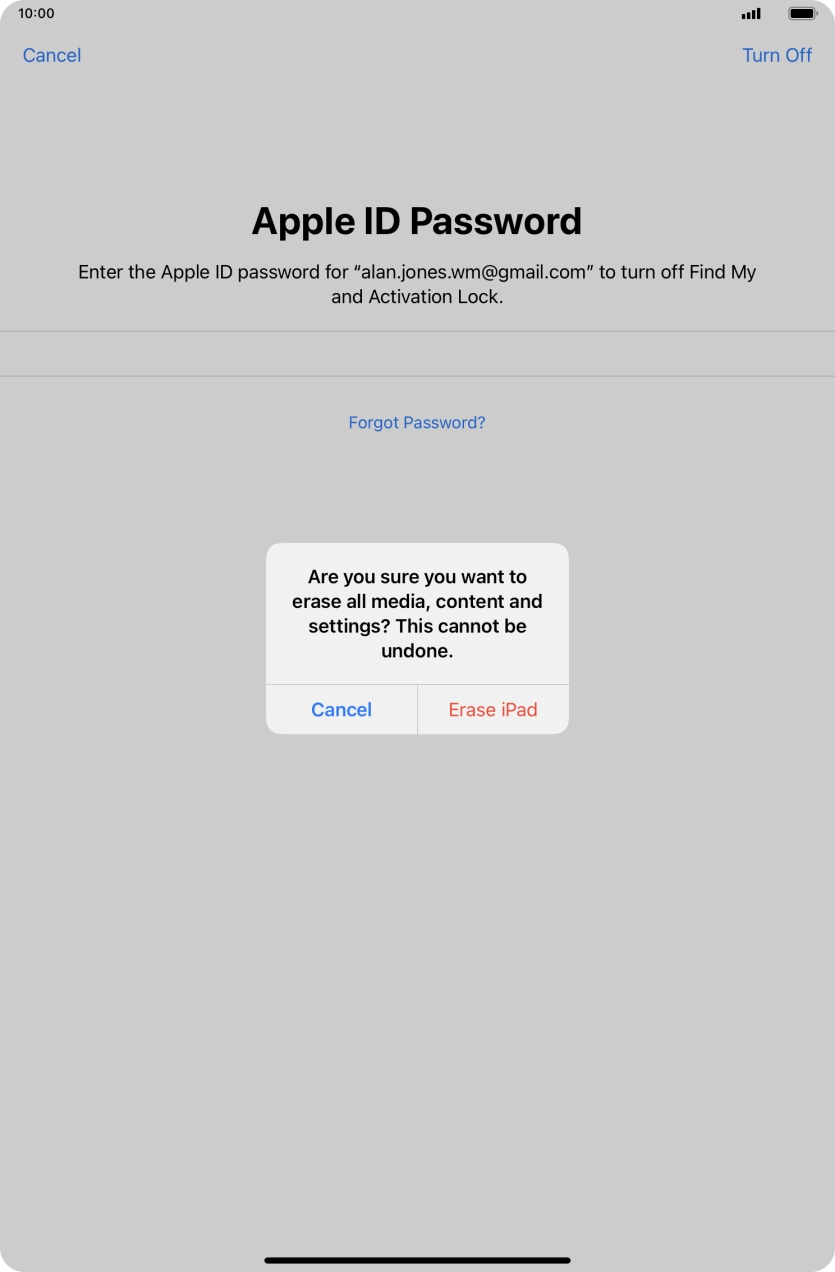 Key in the password for your Apple ID and press Erase iPad. Wait a moment while the factory default settings are restored. Follow the instructions on the screen to set up your tablet and prepare it for use.