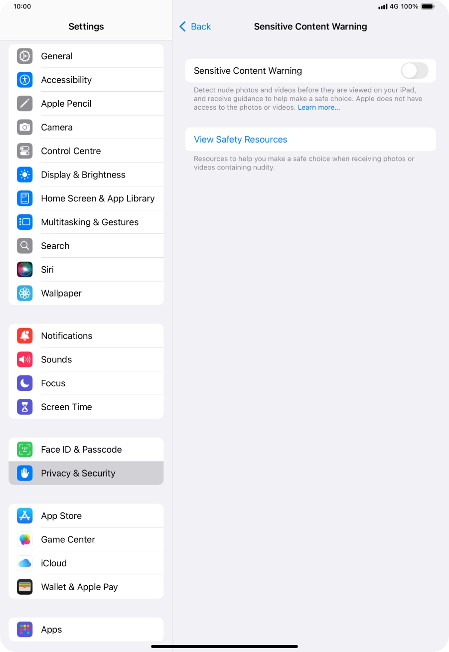 Press the indicator next to 'Sensitive Content Warning' to turn the function on or off.