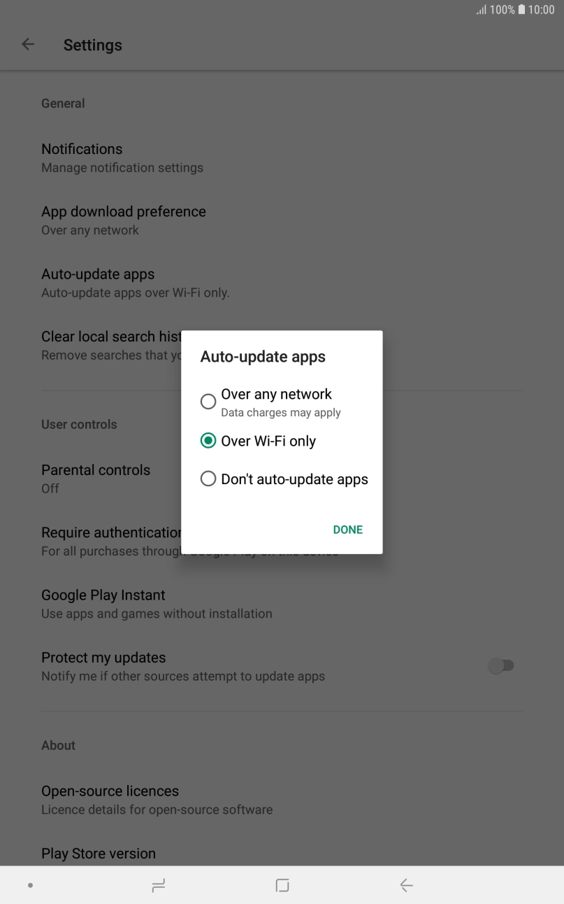 To turn on automatic update of apps using mobile network, press Over any network. To turn on automatic update of apps using mobile network, press Over any network.