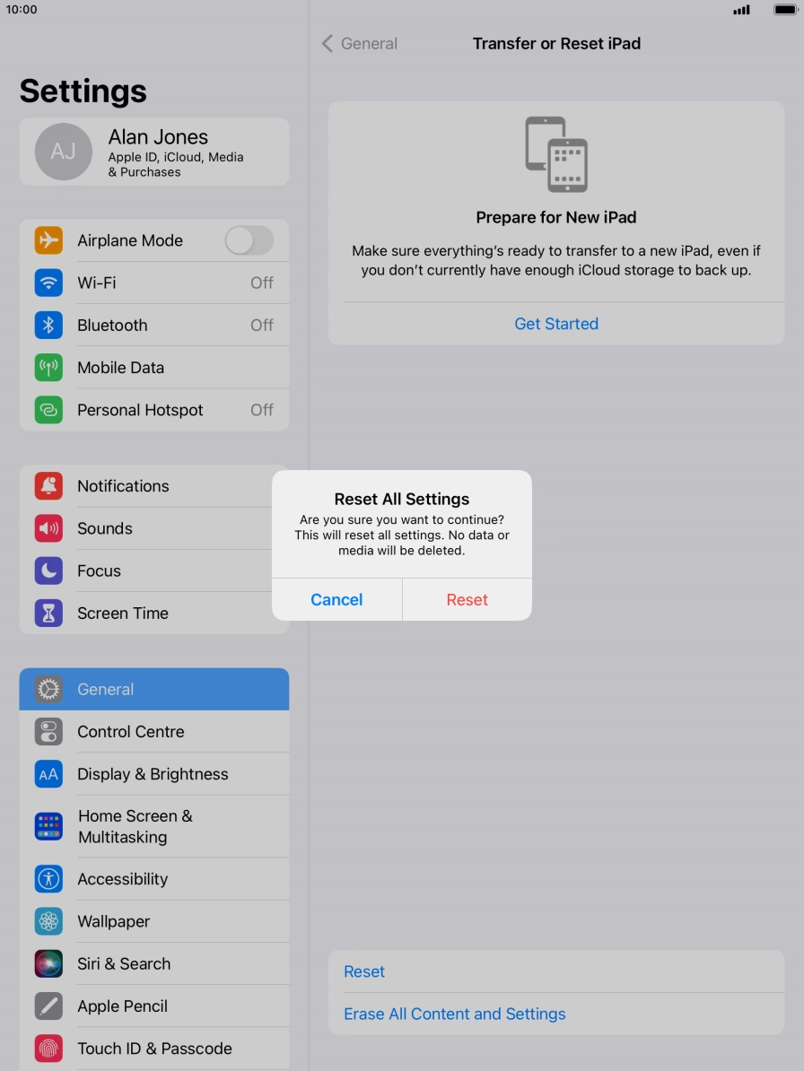 Press Reset. Wait a moment while the factory default settings are restored. Follow the instructions on the screen to set up your tablet and prepare it for use.