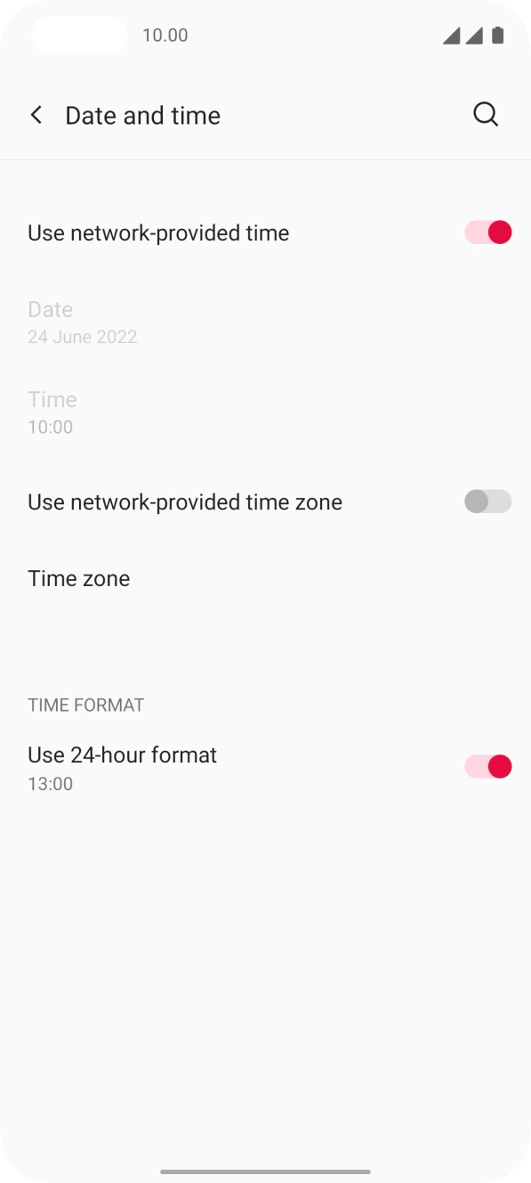 Press the field next to 'Use network-provided time zone' to turn on the function.
