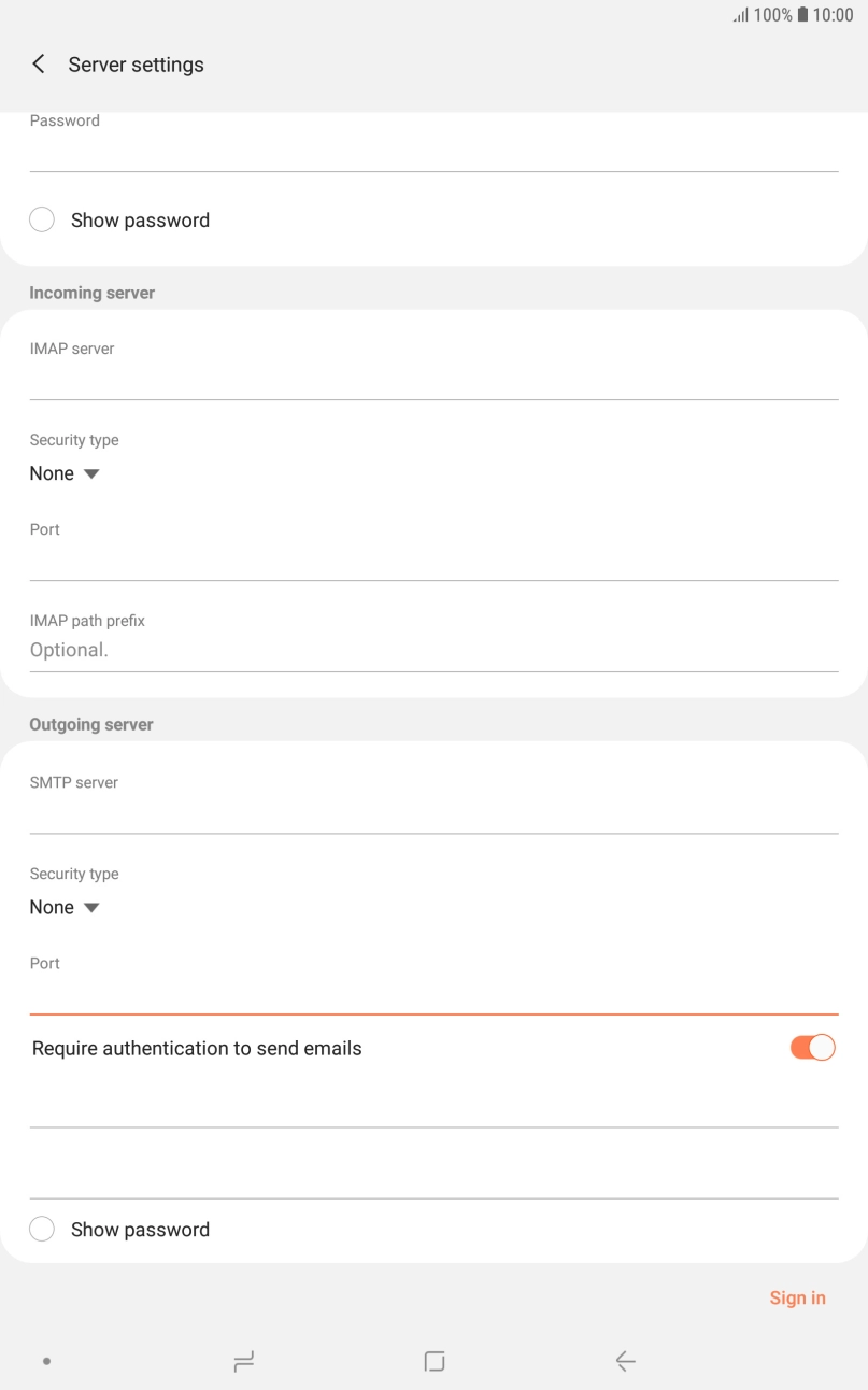 Press the indicator next to 'Require authentication to send emails' to turn on the function. Press the indicator next to 'Require authentication to send emails' to turn on the function.