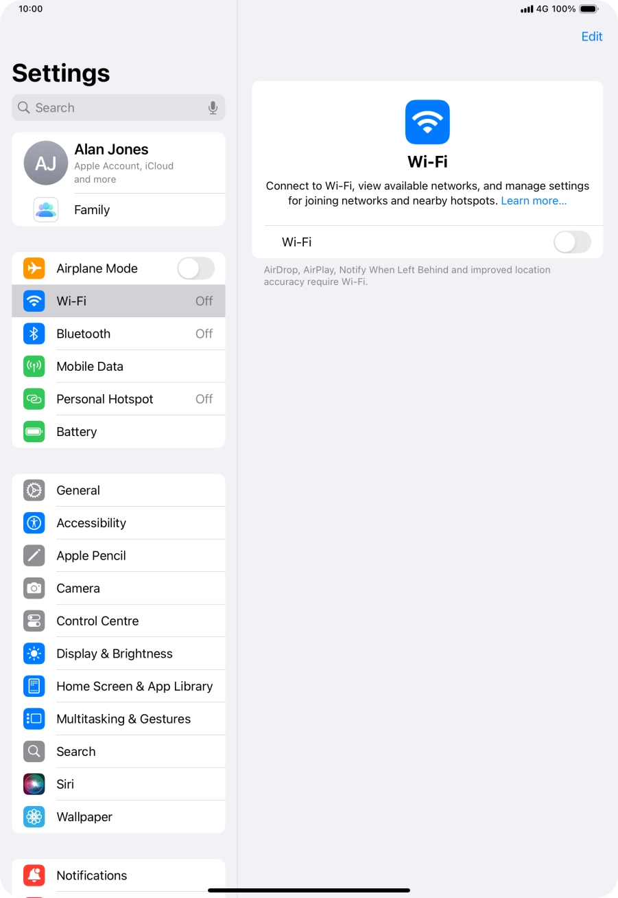 Press the indicator next to 'Wi-Fi' to turn on the function.