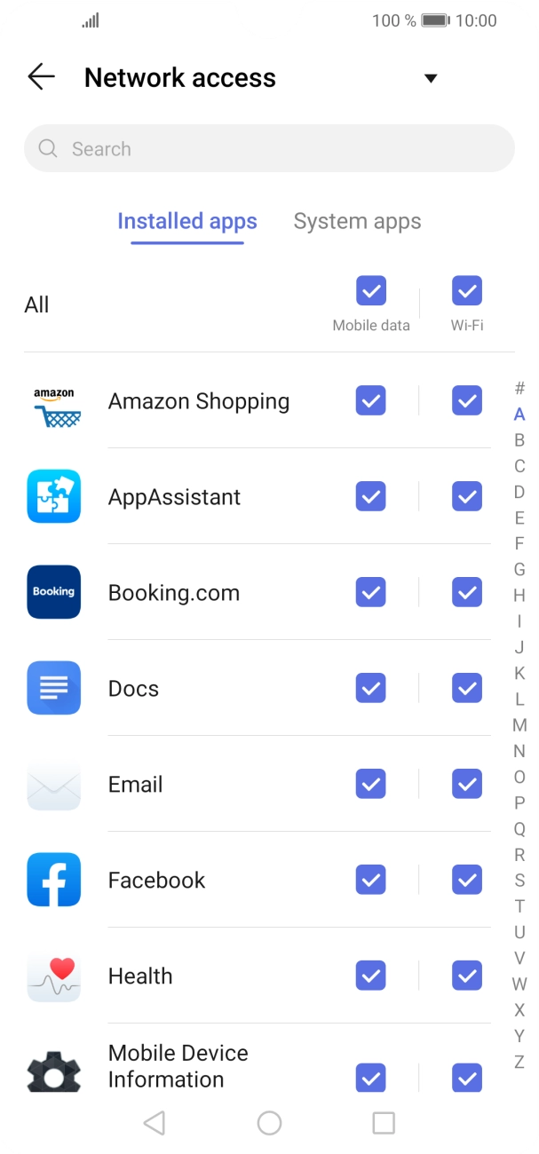 Press the field next to the application name in the 'Mobile data' column to turn the function on or off. Press the field next to the application name in the 'Mobile data' column to turn the function on or off.