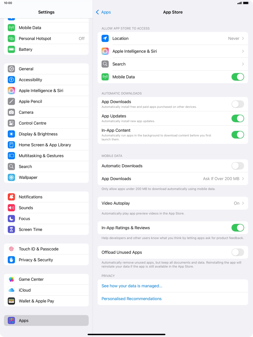 Press the indicator next to 'App Updates' to turn the function on or off.