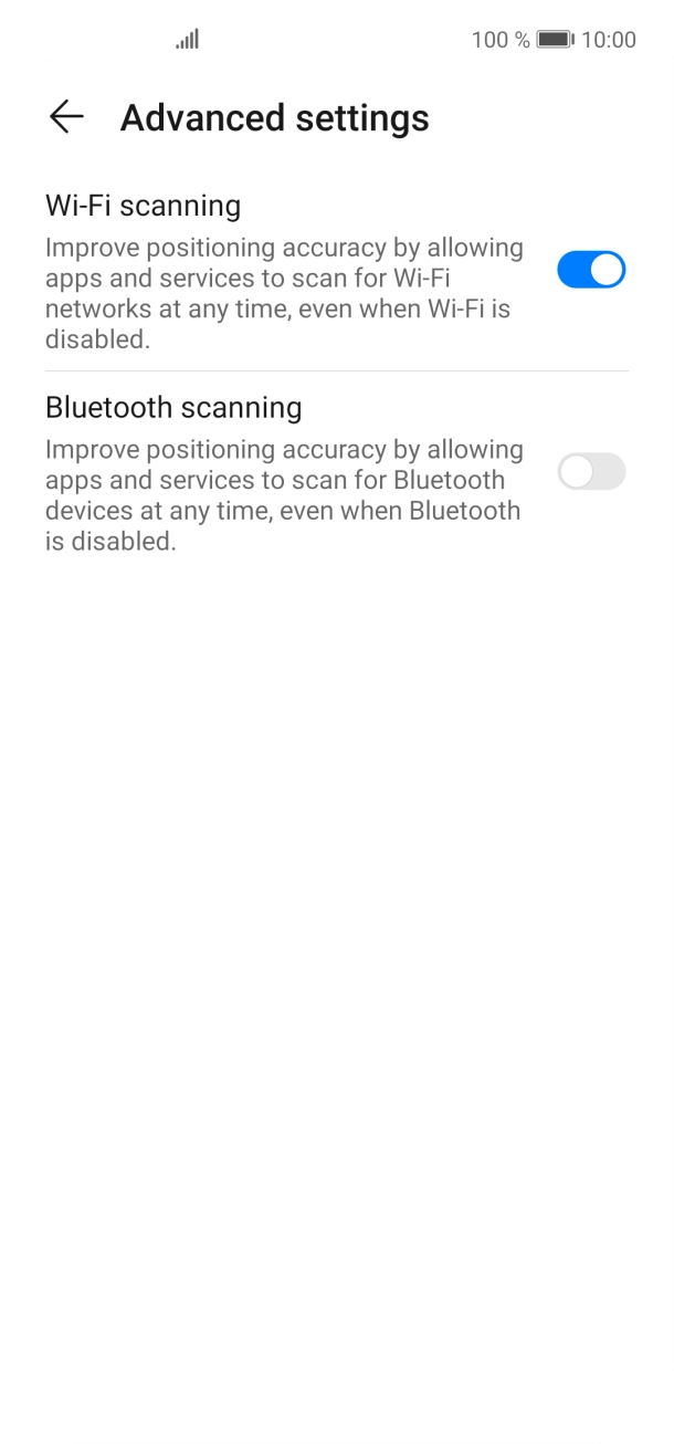 Press the indicator next to 'Wi-Fi scanning' to turn the function on or off. If you turn on the function, your phone can find your exact position using nearby WiFi networks. Press the indicator next to 'Wi-Fi scanning' to turn the function on or off. If you turn on the function, your phone can find your exact position using nearby WiFi networks.