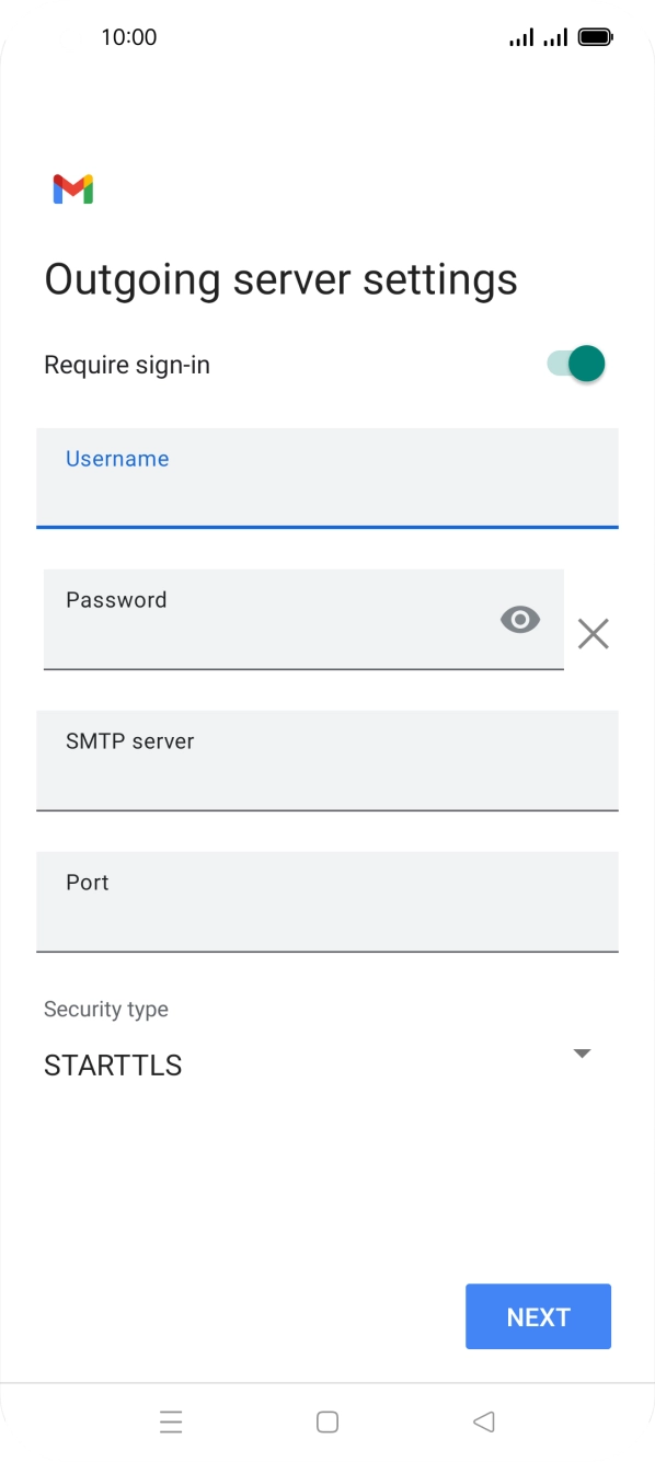 Press the field below 'Password' and key in the password of your email provider's outgoing server. Press the field below 'Password' and key in the password of your email provider's outgoing server.