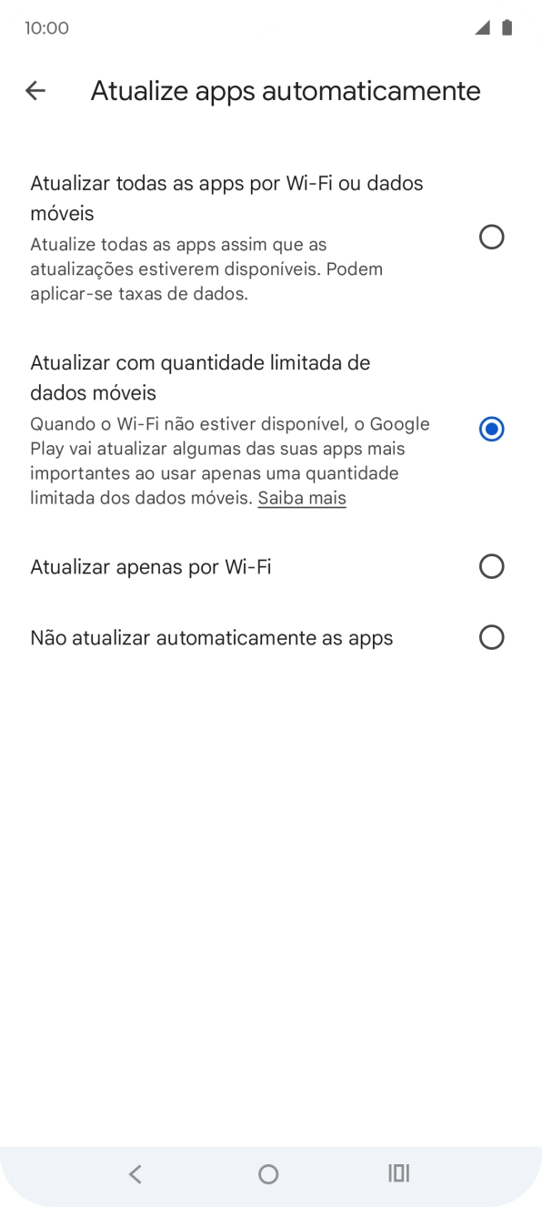 Para ativar a atualização automática de apps via redes móveis, prima Atualizar todas as apps por Wi-Fi ou dados móveis.