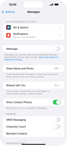 Press the indicator next to 'iMessage' to turn on the function.