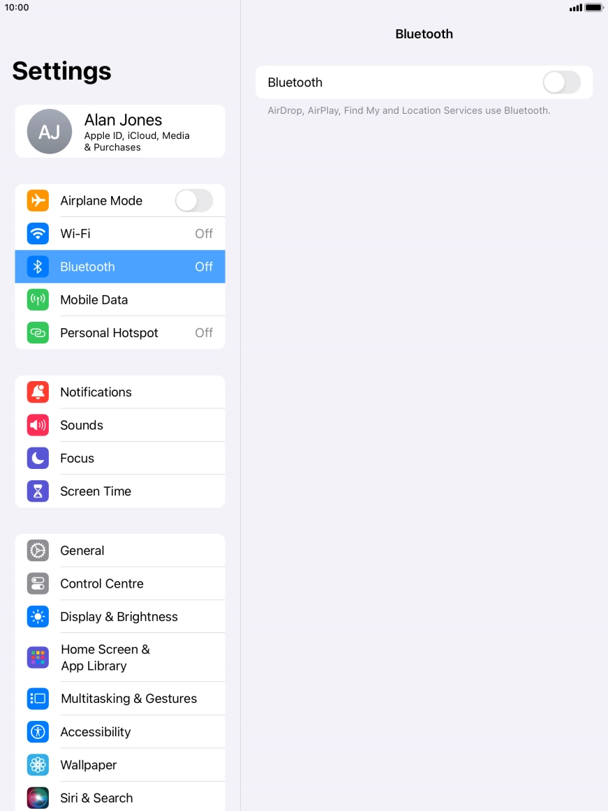Press the indicator next to 'Bluetooth' to turn on the function.