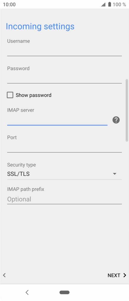 Press the field below 'Port' and key in 143. Press the field below 'Port' and key in 143.