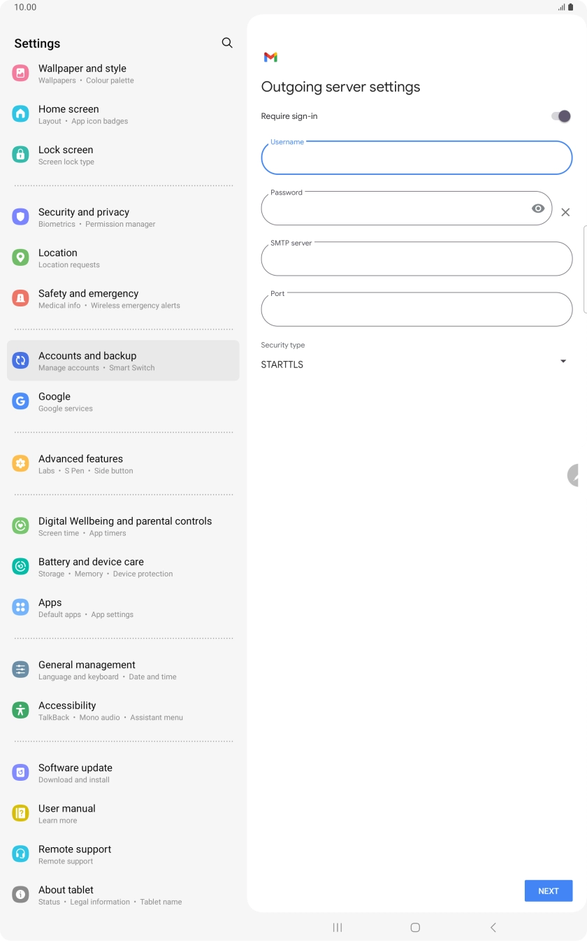 Press the field below 'Password' and key in the password of your email provider's outgoing server. Press the field below 'Password' and key in the password of your email provider's outgoing server.