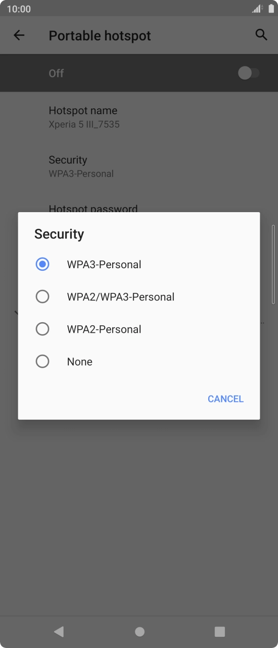 Press WPA3-Personal to password protect your WiFi hotspot. Press WPA3-Personal to password protect your WiFi hotspot.