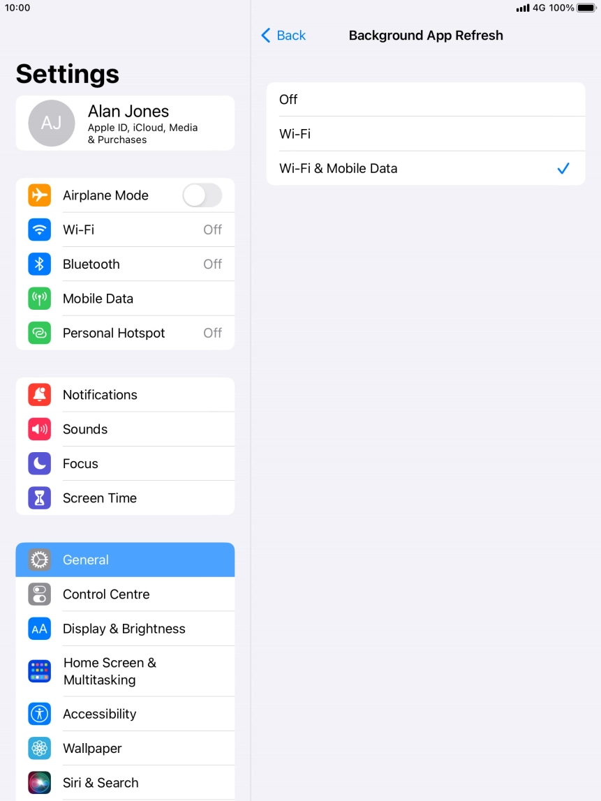 To turn off background refresh of apps, press Off. To turn off background refresh of apps, press Off.
