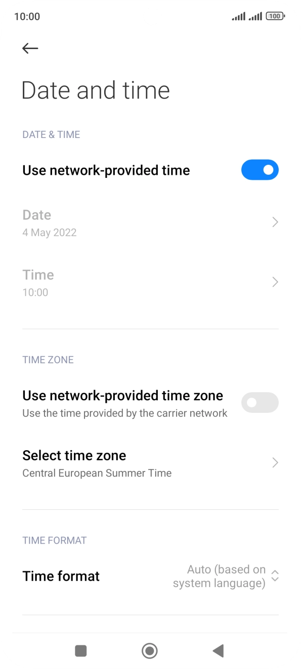Press the indicator next to 'Use network-provided time zone' to turn on the function.