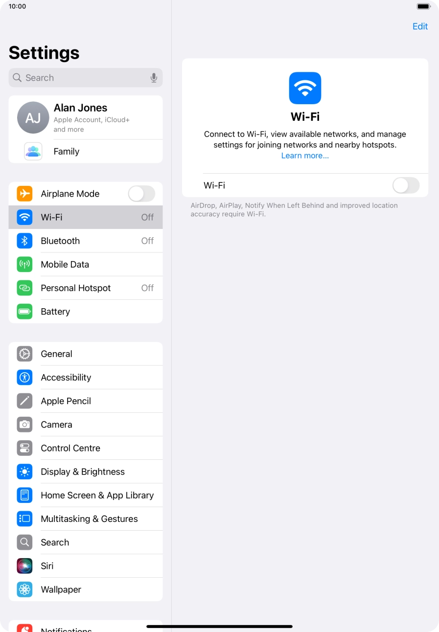 Press the indicator next to 'Wi-Fi' to turn on the function. Press the indicator next to 'Wi-Fi' to turn on the function.
