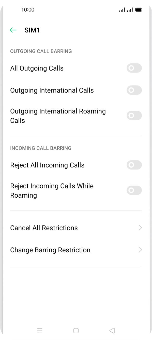 Press the indicator next to the required barring type to turn the function on or off. Press the indicator next to the required barring type to turn the function on or off.