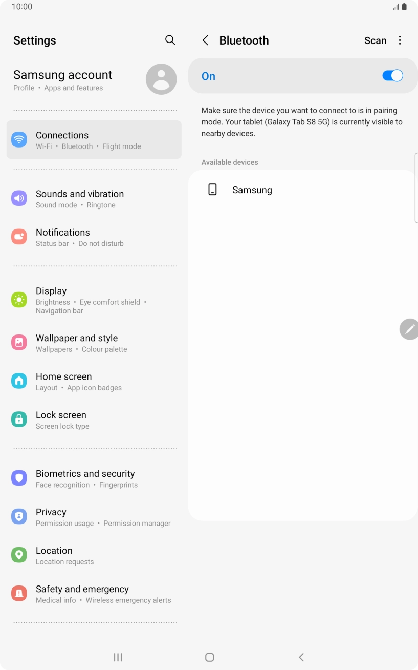 Press the required Bluetooth device and follow the instructions on the screen to pair the device with your tablet.