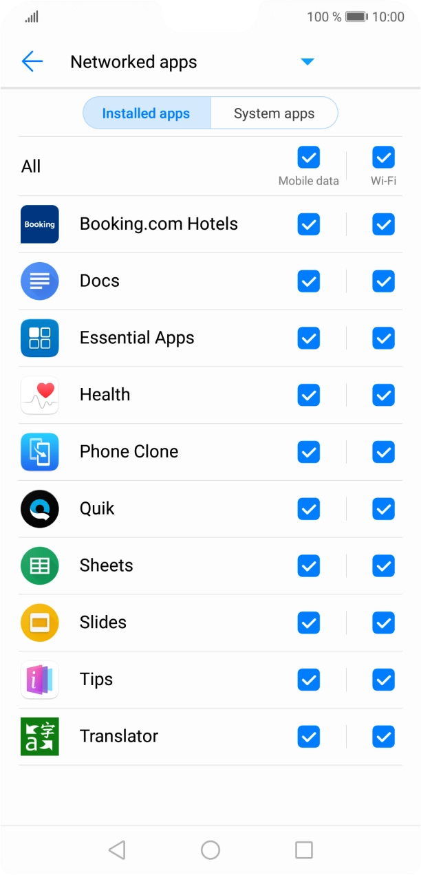 Press the field next to the application name in the 'Mobile data' column to turn the function on or off. Press the field next to the application name in the 'Mobile data' column to turn the function on or off.