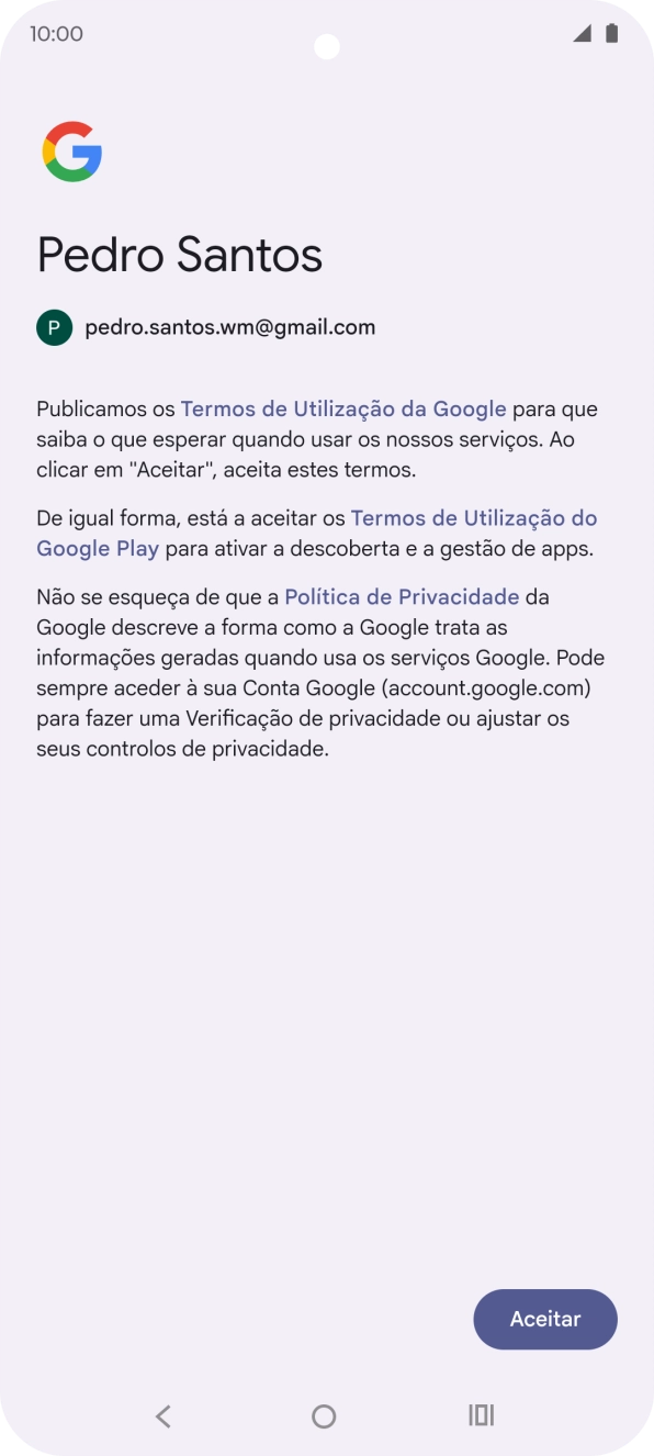 Prima Aceitar e siga as indicações no ecrã para escolher as definições da conta Google.