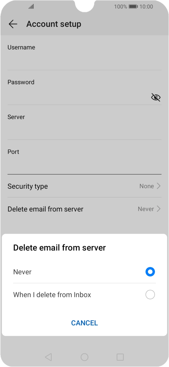 Press Never to keep emails on the server when you delete them on your phone.