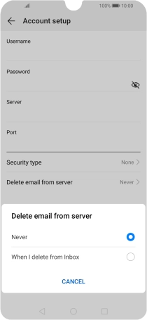 Press Never to keep emails on the server when you delete them on your phone.