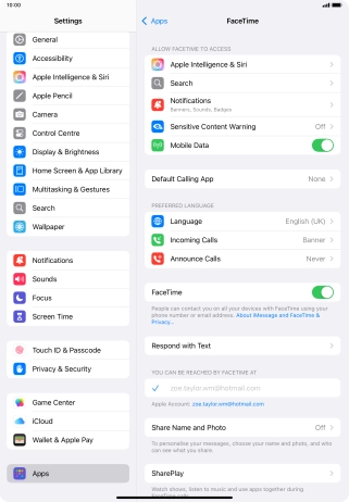 Press the indicator next to 'FaceTime' to turn the function on or off.