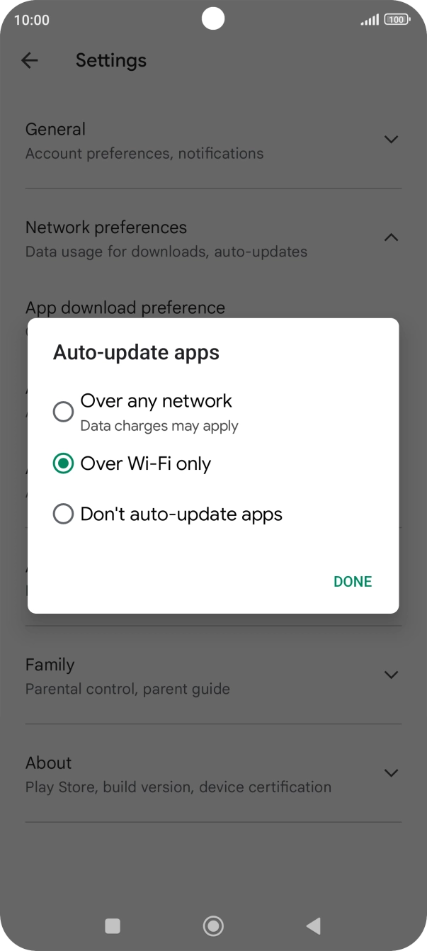 To turn on automatic update of apps using mobile network, press Over any network.
