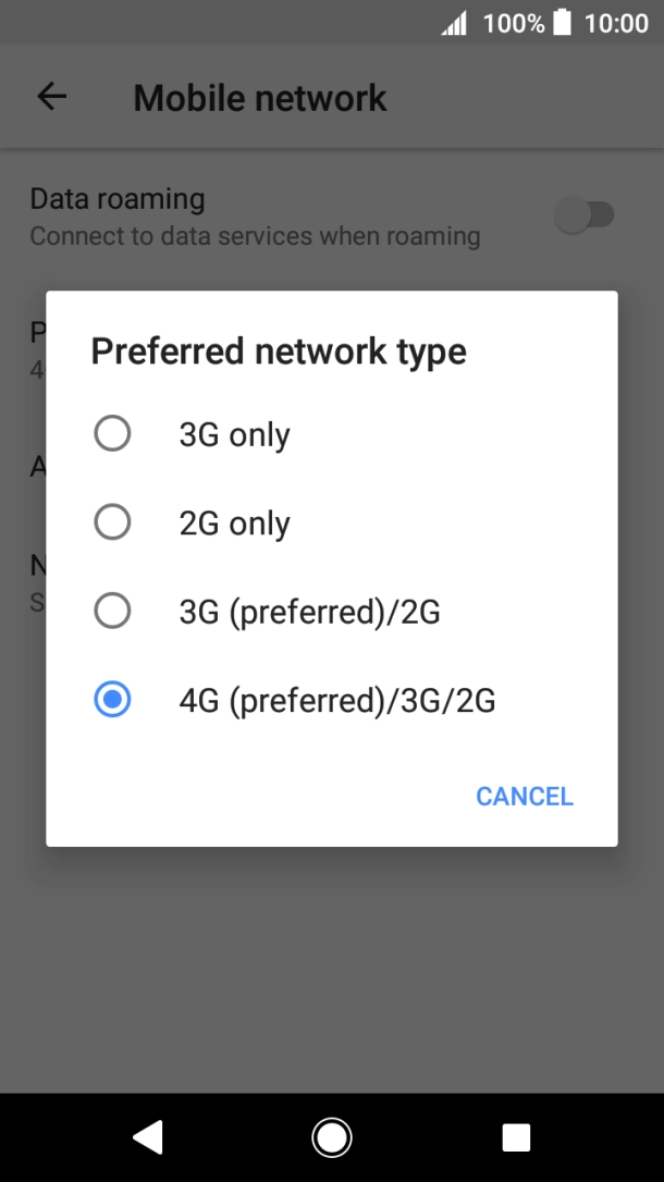 Press the required network mode.