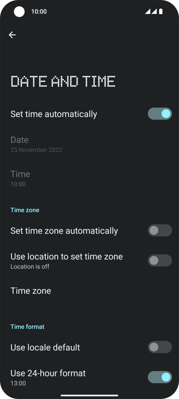 Press the indicator next to 'Set time zone automatically' to turn on the function.