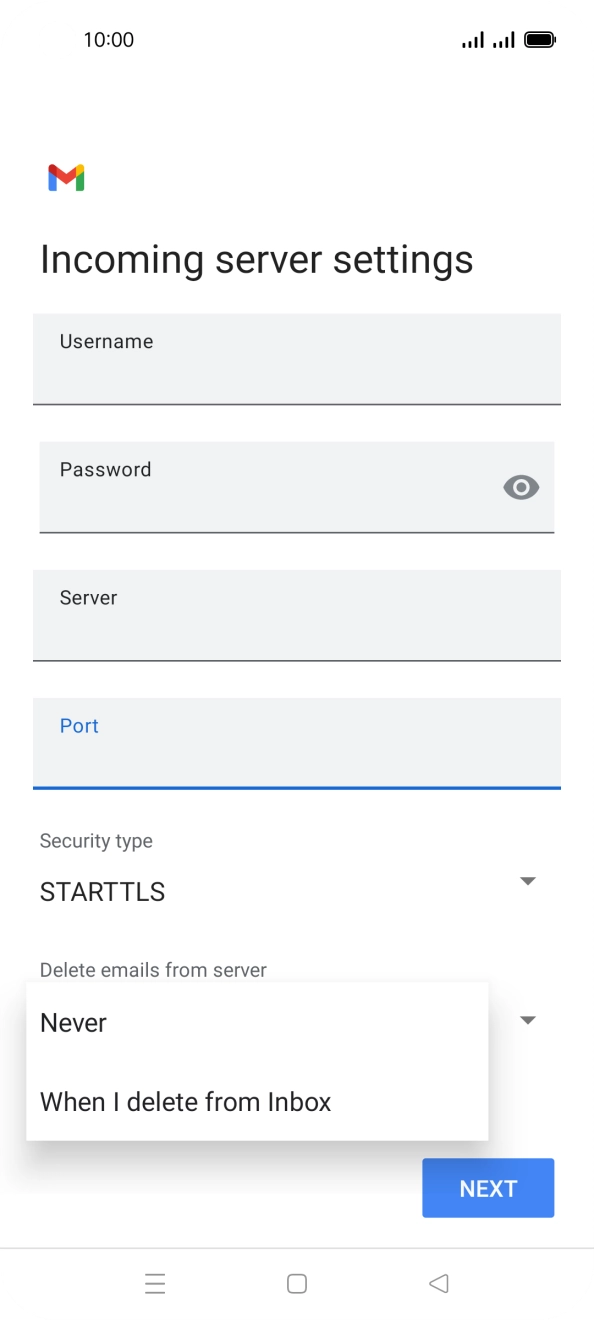 Press Never to keep emails on the server when you delete them on your phone. Press Never to keep emails on the server when you delete them on your phone.