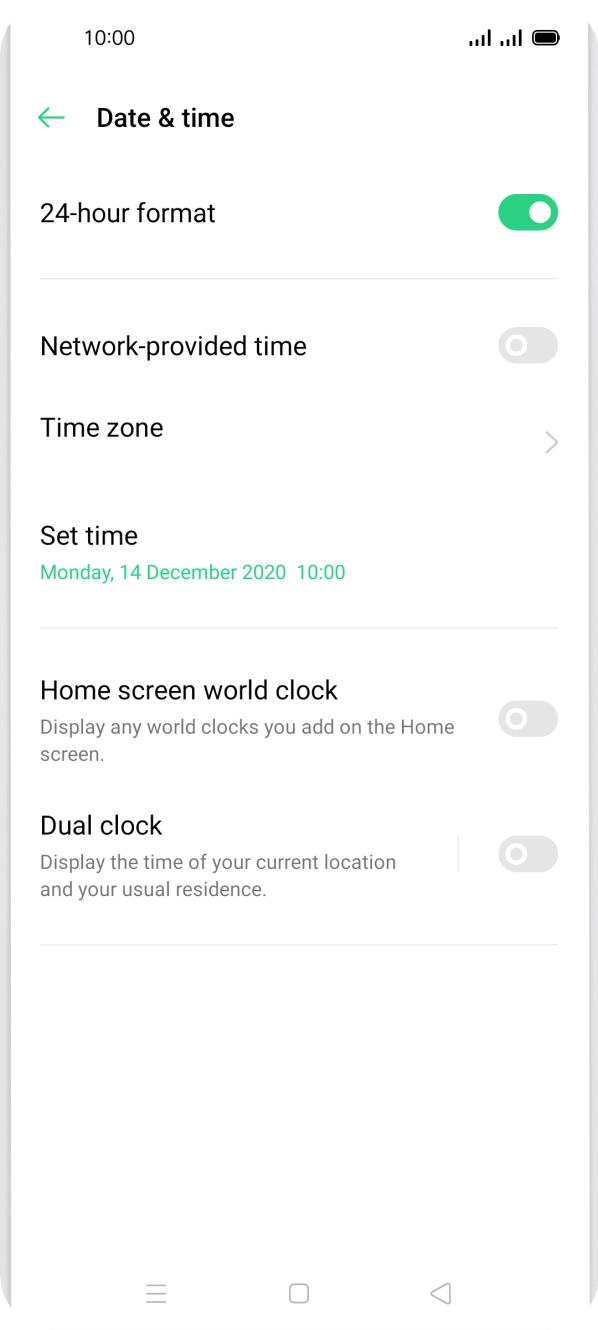 Press the indicator next to 'Network-provided time' to turn on the function.