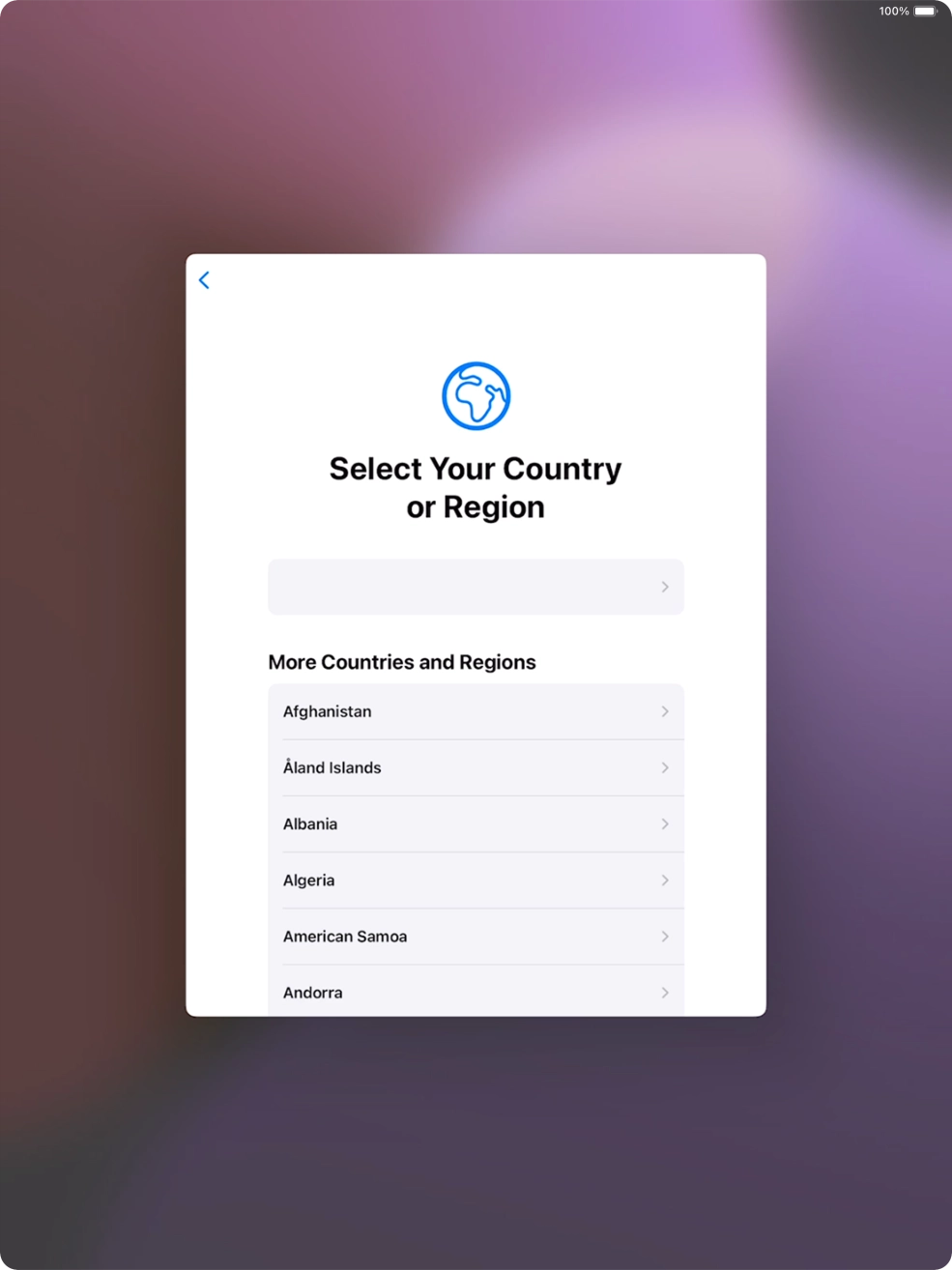Press the required country or area. Press the required country or area.