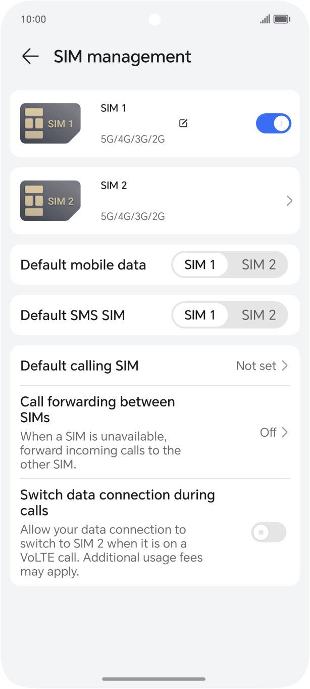 Press the indicator next to the required SIM to turn use of the SIM on or off.
